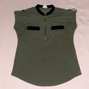 Olive Green Zip Collar Blouse, L